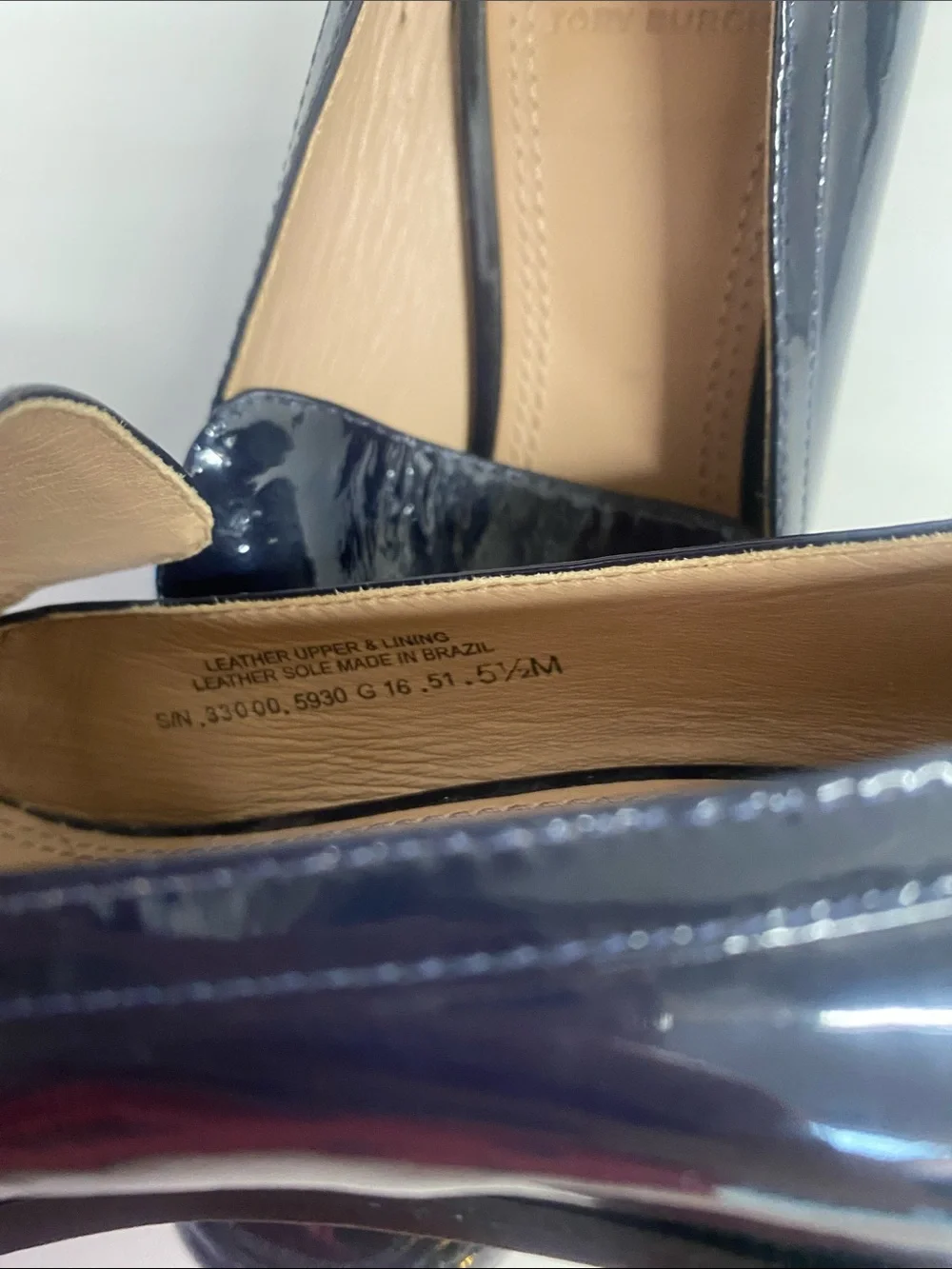 TORY BURCH Navy Patent Loafers with Gold Chain